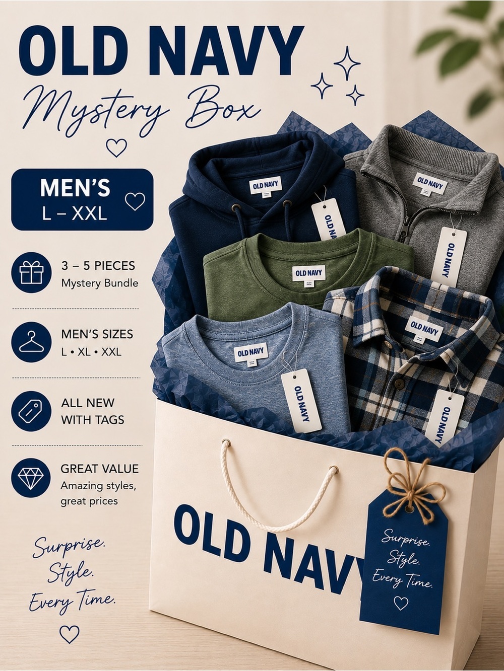 🎁 OLD NAVY Standard Mystery Box • 3–5 Pieces • Men’s Sz L to XXL • NWT Only